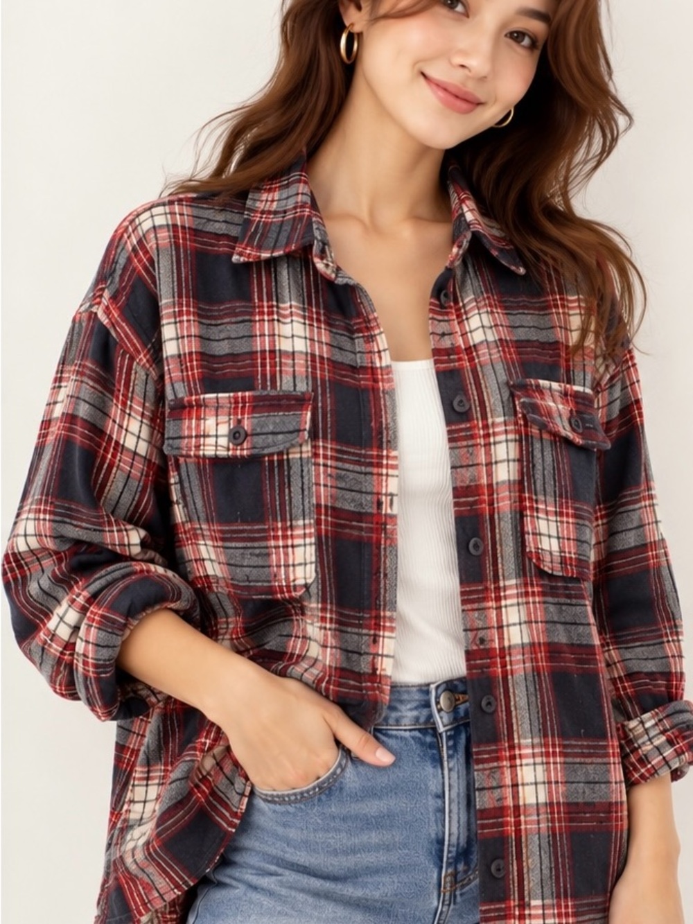 Plaid Button-Front Utility Shacket in Red & Black